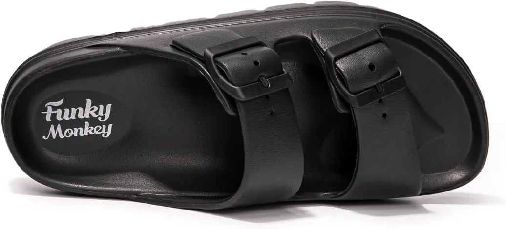 FUNKYMONKEY Women's Comfort Slides Double Buckle Adjustable Plastics Flat Sandals