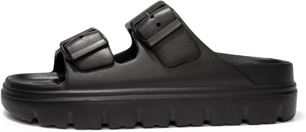 FUNKYMONKEY Women's Comfort Slides Double Buckle Adjustable Plastics Flat Sandals