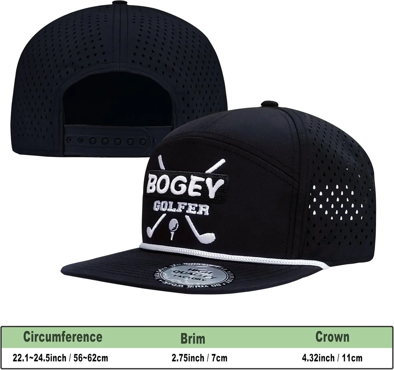 Funny Golf Hat for Men - Flat Bill Snapback Rope Hat, Black/White