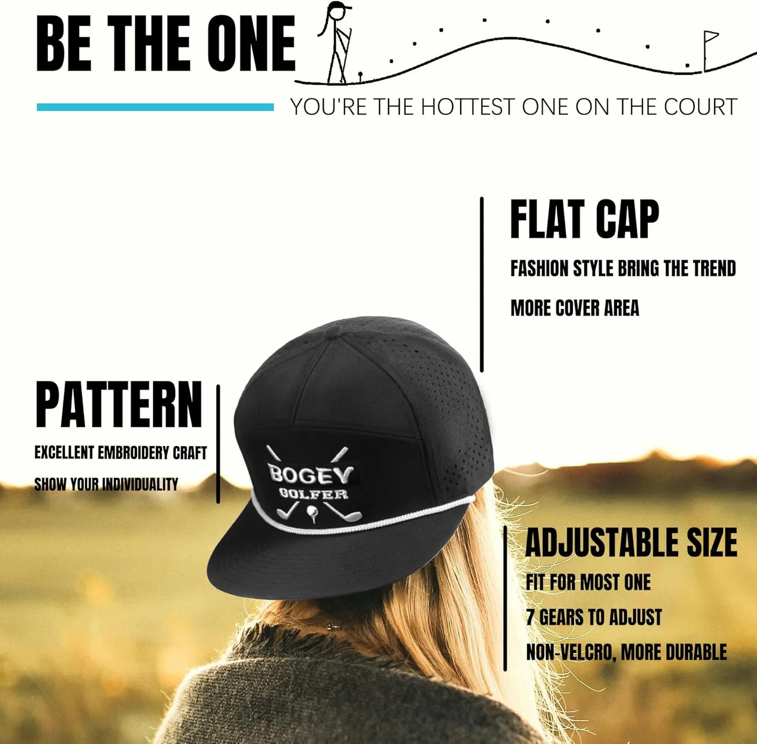 Funny Golf Hat for Men - Flat Bill Snapback Rope Hat, Black/White