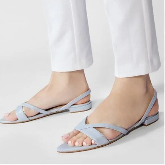 FYS Light Steel Blue Open Toe Flat Sandal Comfortable One Band Strappy Shoes