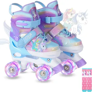 Girls Roller Skates for Kids Ages 3-12 Adjustable Light Up Roller Skates for Toddlers Beginners Boys Unicorn Mermaid Rainbow Gift for Indoor Outdoor Sports