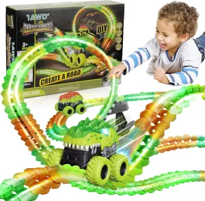 Glow Car Track for Kids Boys Toys, Dinosaur Race Track Toys, 18 Ft / 225 Pcs Changeable Flexible Race Car Track Car Sets with LED Light-Up Race Car for 3 4 5 6 7 8   Year Old