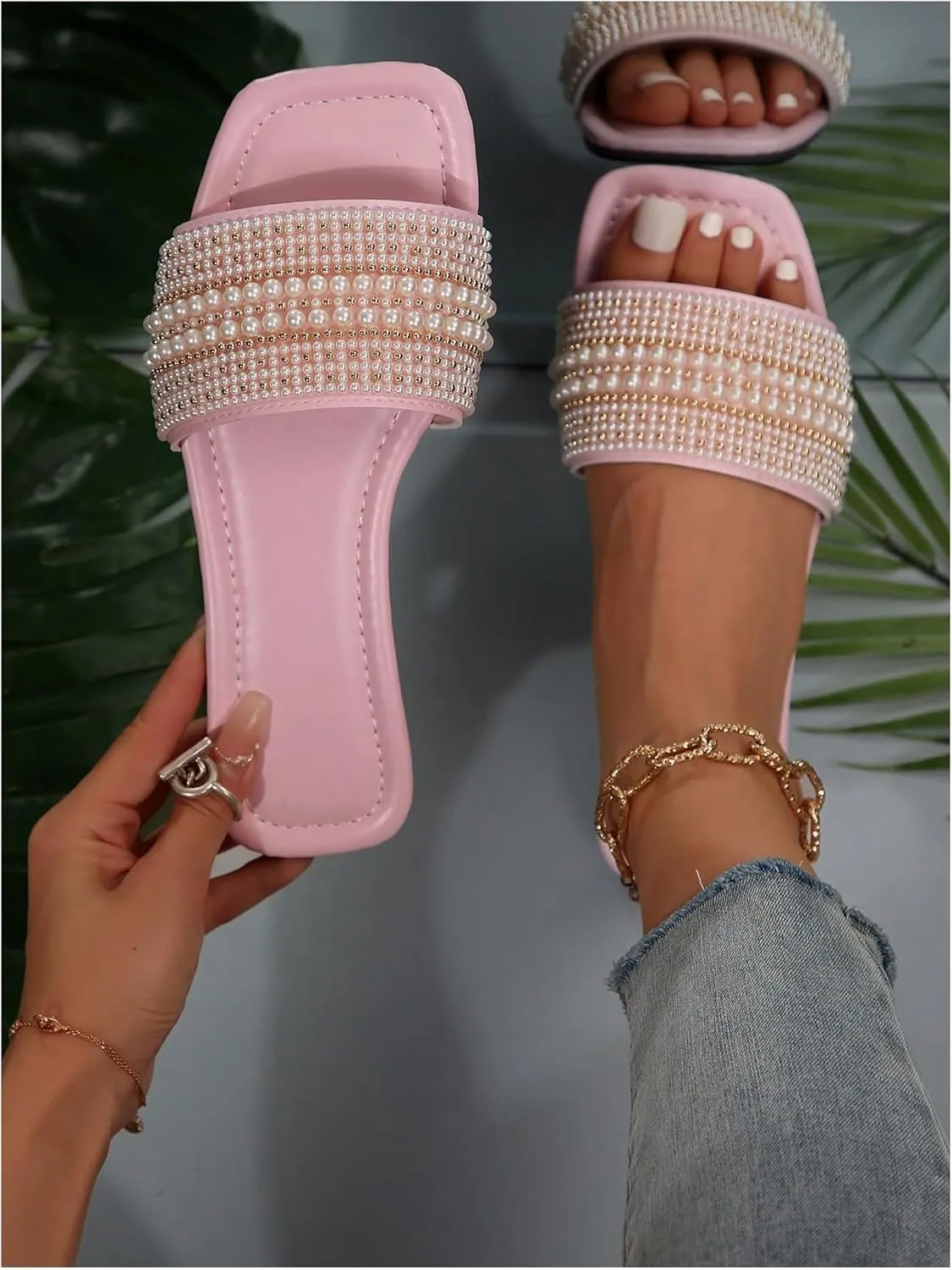 GORGLITTER Women's Pearl Sandals Comfortable Square Toe Dressy Sandals Flat Slides