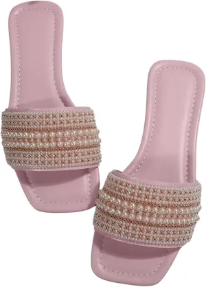 GORGLITTER Women's Pearl Sandals Comfortable Square Toe Dressy Sandals Flat Slides