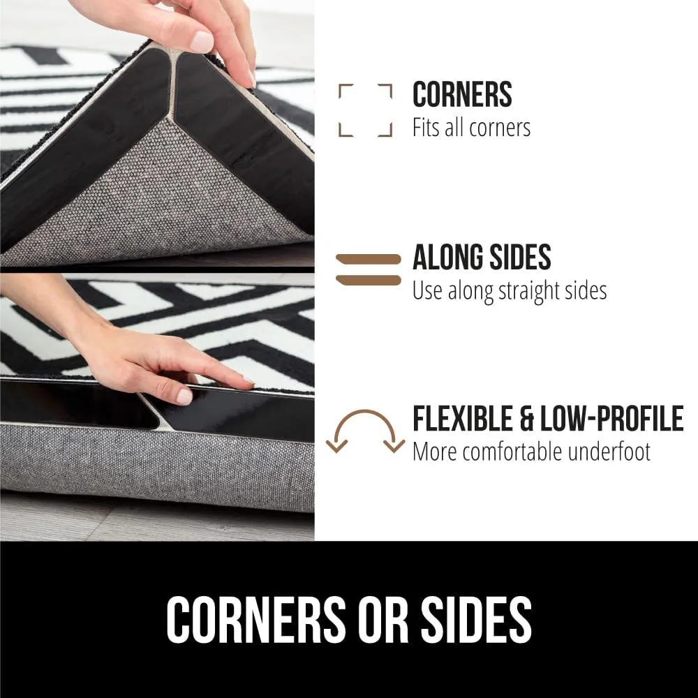 GORILLA GRIP Patent Pending 12 Pack Rug Gripper Pads, Keep Area Rugs Corners from Curling and Bunching, Reusable Dual-Sided Flexible Sticky Pad, Grips Floor, Holds Carpet in Place on Hardwood Floors