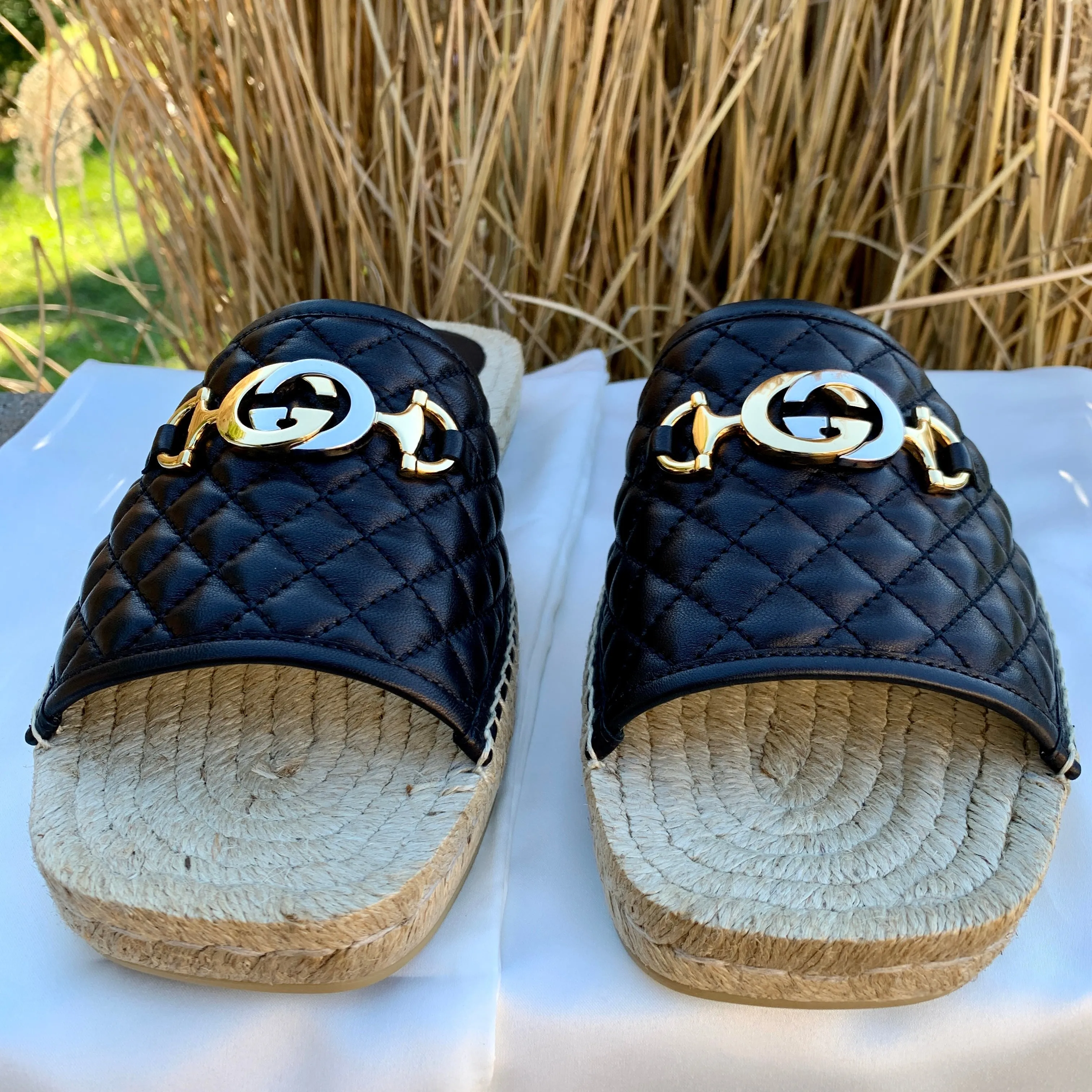 Gucci Horsebit Quilted Espadrille Slide Sandals in Black
