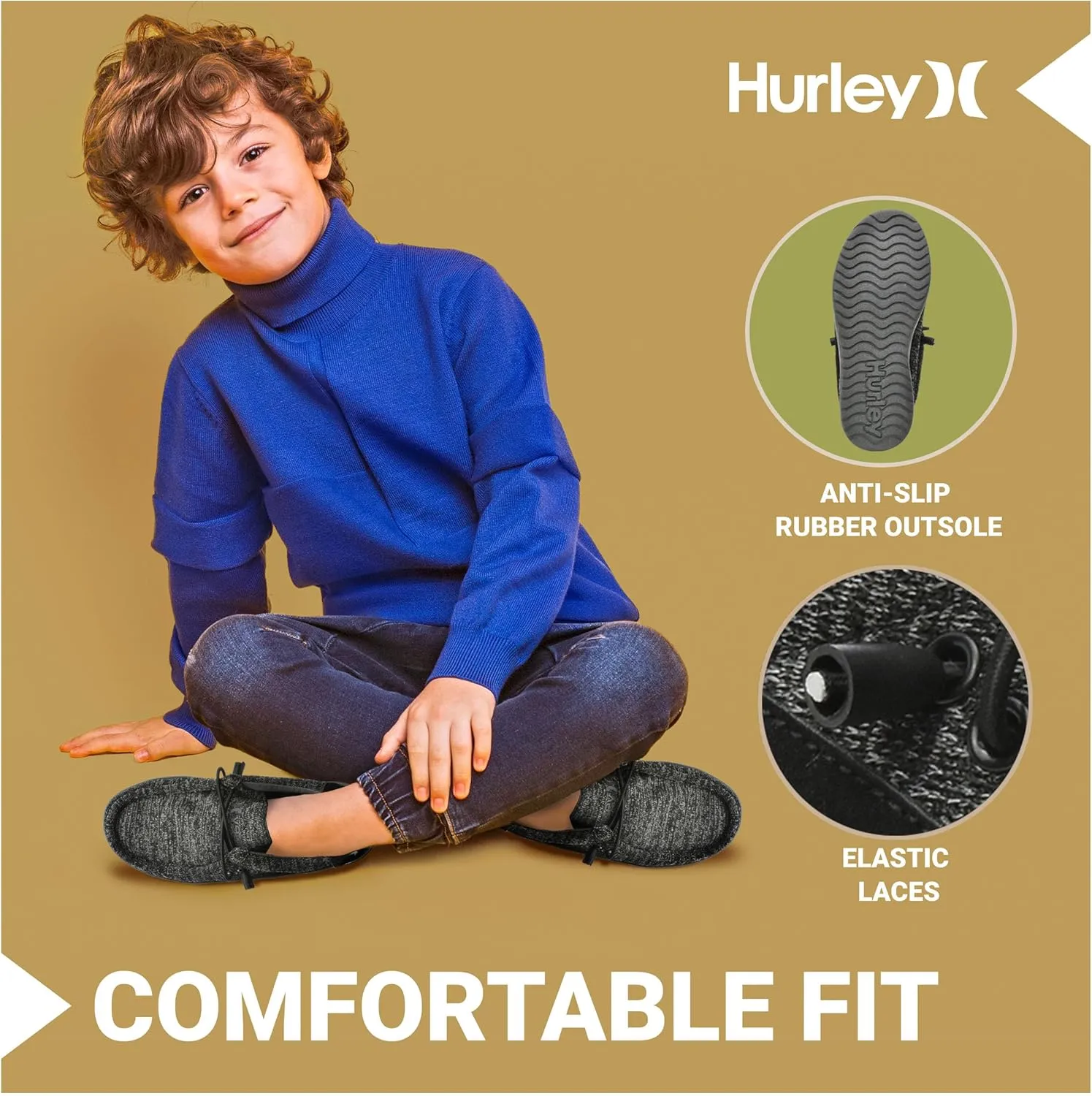 Hurley Kids Elastic Lace Loafers, Canvas Shoes for Boys & Girls - Comfortable, Durable, Stylish - Kid's Fashion Sneakers, Wide Toe Shoes for Everyday Wear
