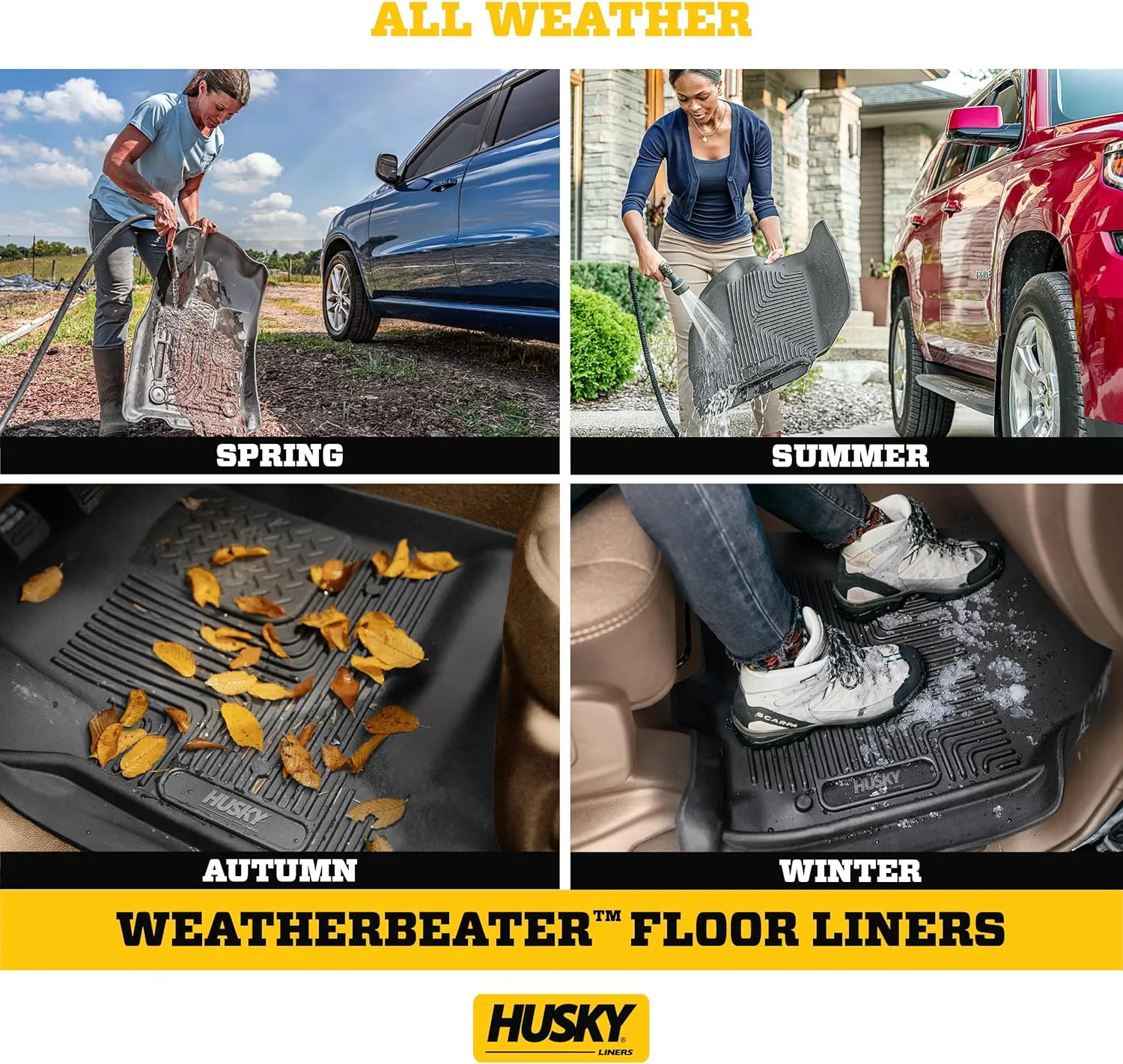 Husky Liners Weatherbeater Floor Mats | Fits 2015 - 2024 Ford F-150 (Includes 2022 - 2024 Lightning) SuperCrew w/Carpet & w/out Fold Flat Storage | Front & 2nd Row, 3-pc Black - 94041