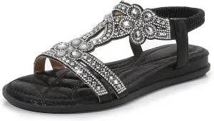 iCKER Women Rhinestone Sandals T-Strap Buckle Bohemian Pearl Crystal Flat Sandals