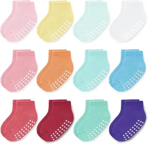 JAKIDAR 12 Pair Baby Toddler Socks Non-Slip Grip Cotton Ankle Socks for Boys Girls Non Skid Soles for Infants Kids