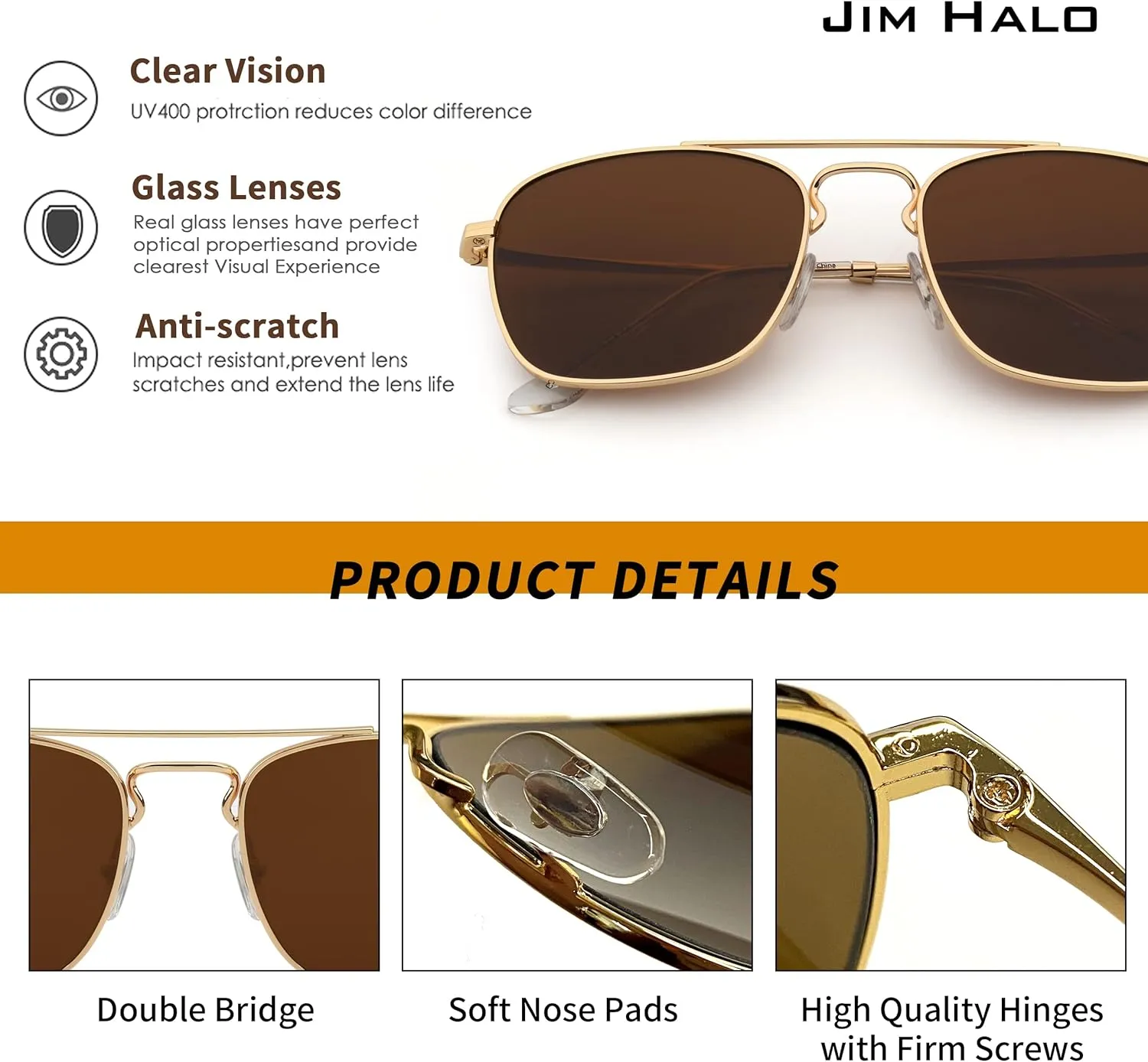 JIM HALO Retro Square Aviator Sunglasses Premium Glass Lens Flat Metal Eyewear Men Women
