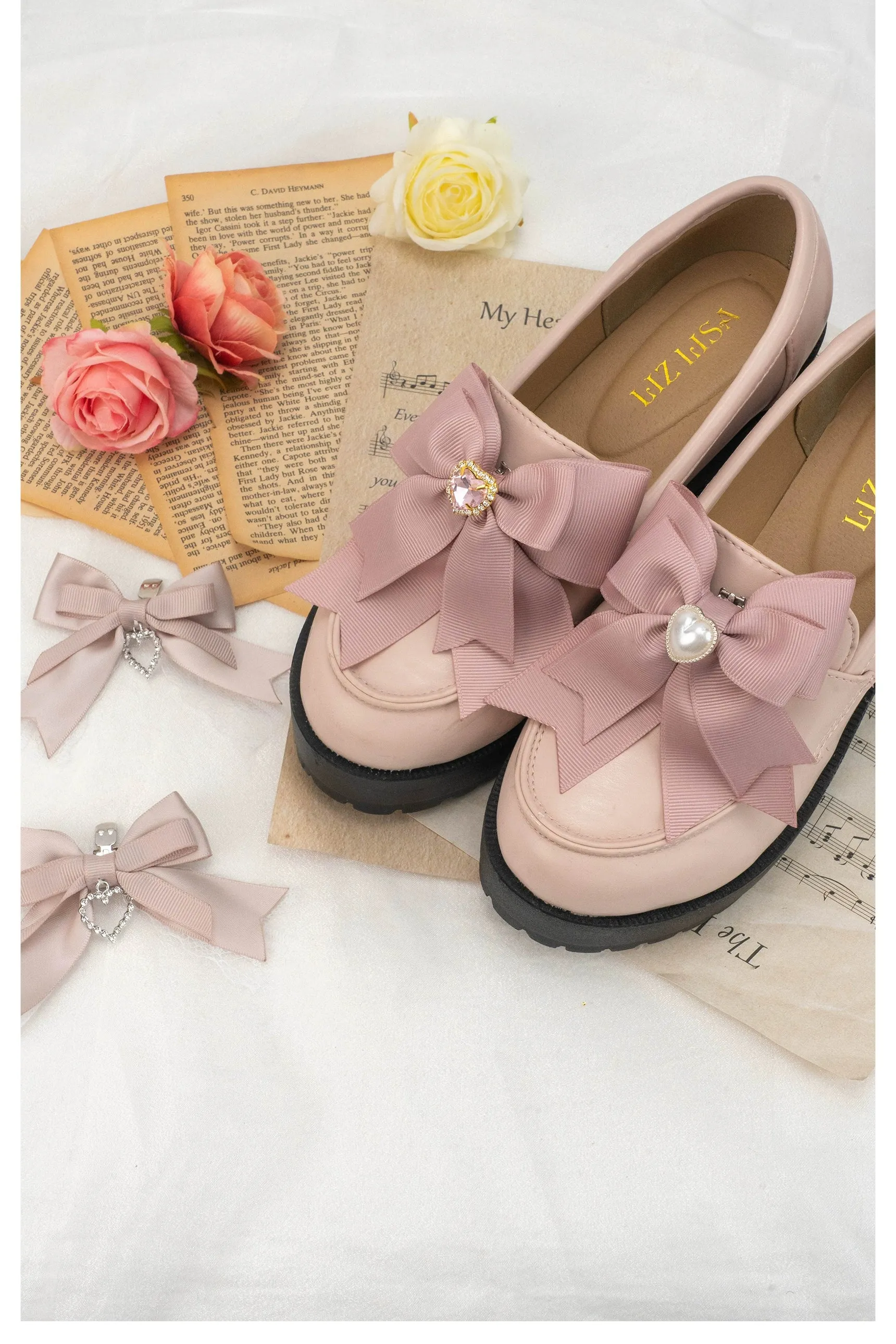 Jirai Kei Pearl Studded Loafers Buckle Shoes Clips 4 Colors