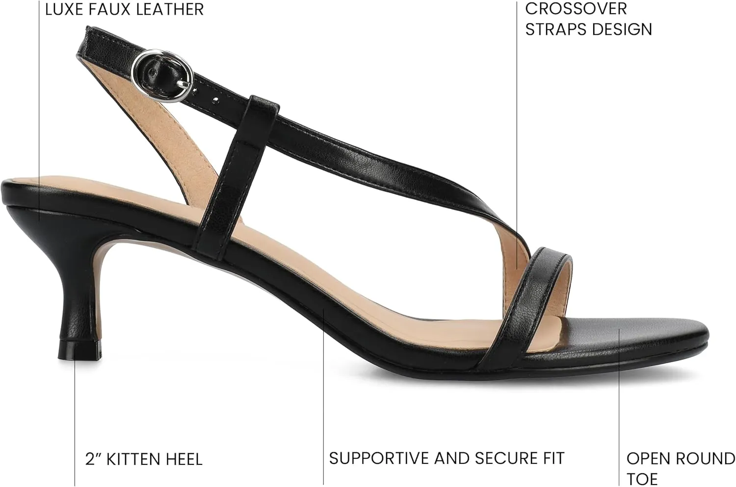 Journee Womens cushioned footbed Jemry Kitten Heel Faux Leather Open Toe Ankle Buckle 2-3 Inch Heel