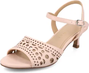 Journee Womens cushioned footbed Jemry Kitten Heel Faux Leather Open Toe Ankle Buckle Laser Cutout 2-3 Inch Heel