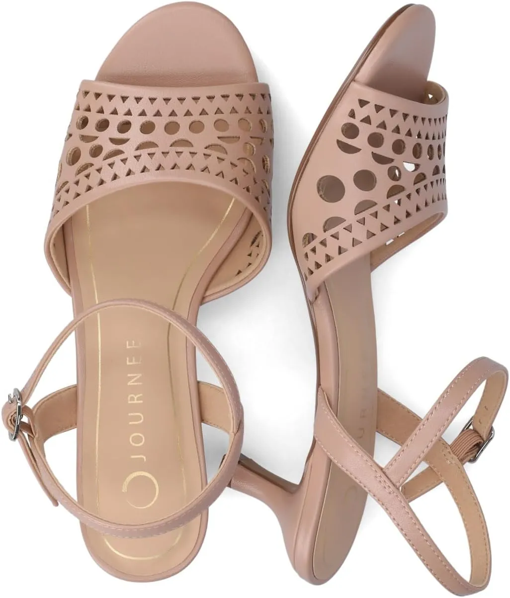Journee Womens cushioned footbed Jemry Kitten Heel Faux Leather Open Toe Ankle Buckle Laser Cutout 2-3 Inch Heel