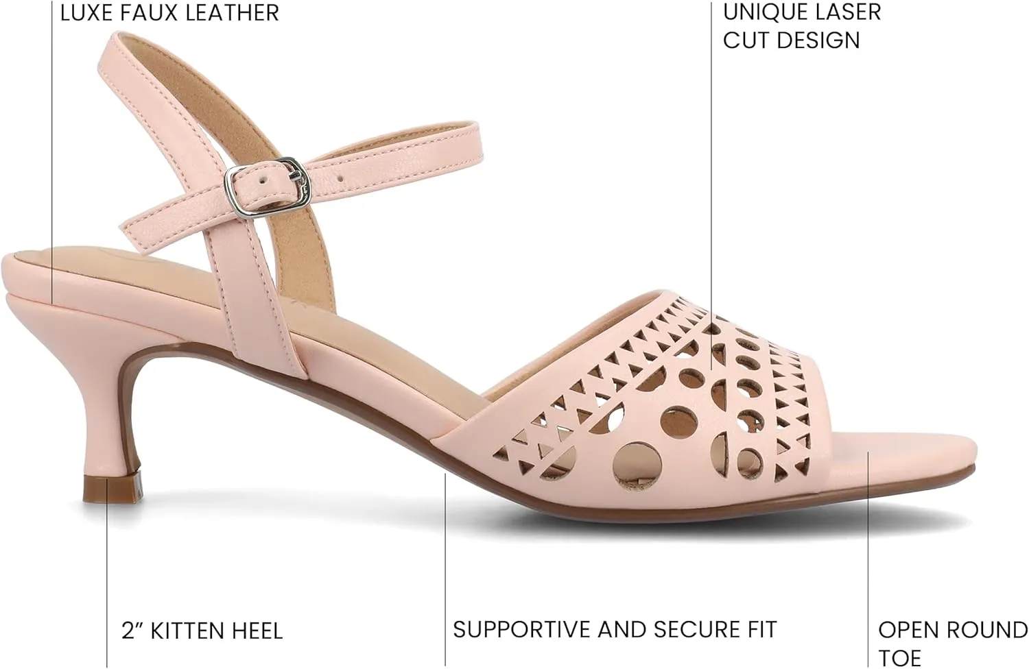 Journee Womens cushioned footbed Jemry Kitten Heel Faux Leather Open Toe Ankle Buckle Laser Cutout 2-3 Inch Heel