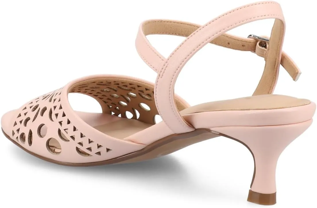 Journee Womens cushioned footbed Jemry Kitten Heel Faux Leather Open Toe Ankle Buckle Laser Cutout 2-3 Inch Heel