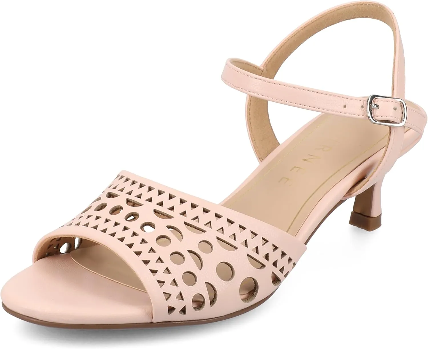 Journee Womens cushioned footbed Jemry Kitten Heel Faux Leather Open Toe Ankle Buckle Laser Cutout 2-3 Inch Heel