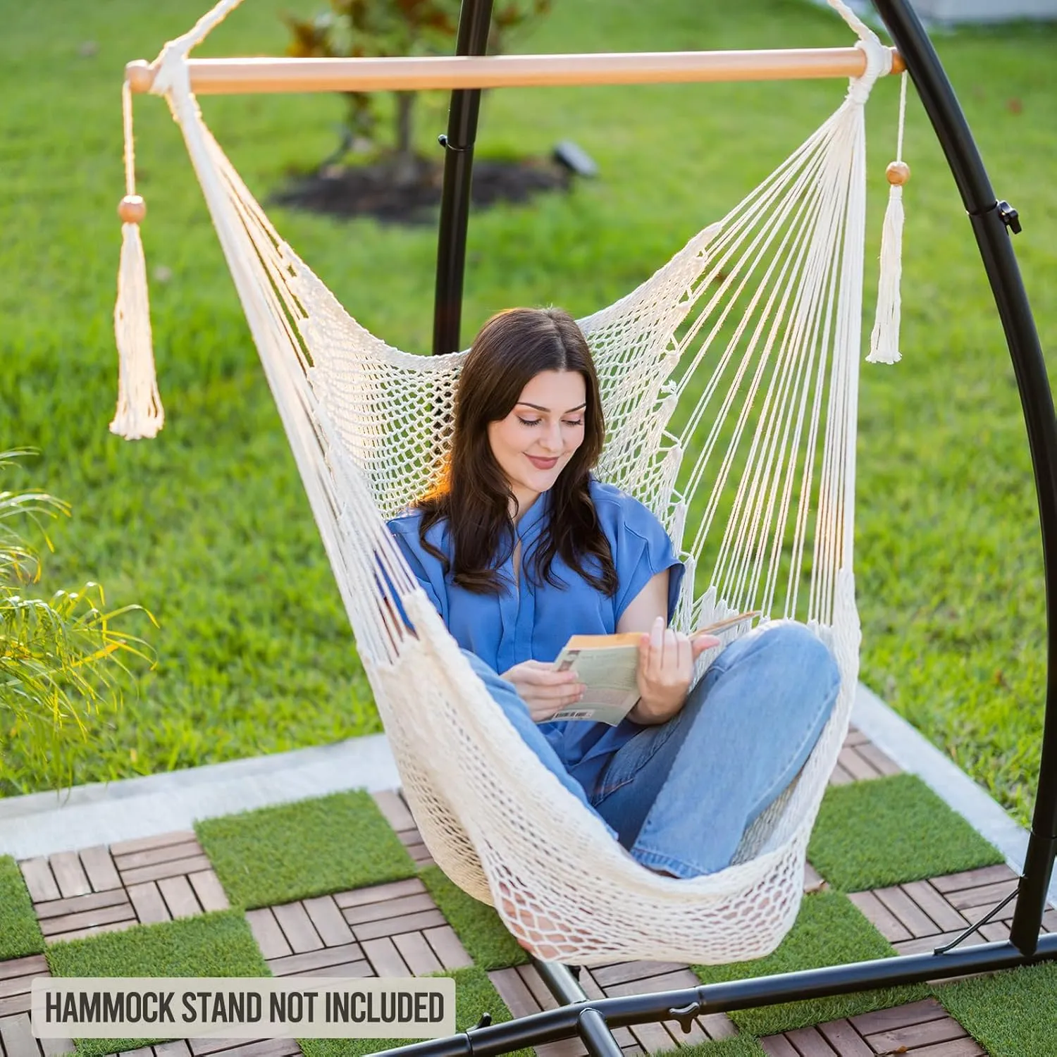 JoyView Hammock Chair with Spreader Bar Caribbean Hammock Swing Chair 300 LBS Weight Capacity XL Rope Hanging Chair for Outdoor Indoor Garden Yard - Light Green