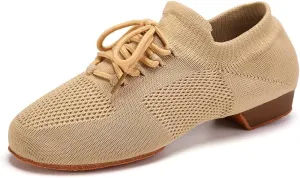 JUODVMP Women's Knits Dance Shoes Classical Lace-up Jazz Ballet Flats Casual Walking Sneakers