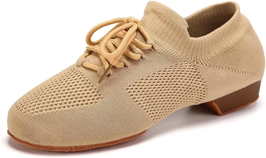 JUODVMP Women's Knits Dance Shoes Classical Lace-up Jazz Ballet Flats Casual Walking Sneakers
