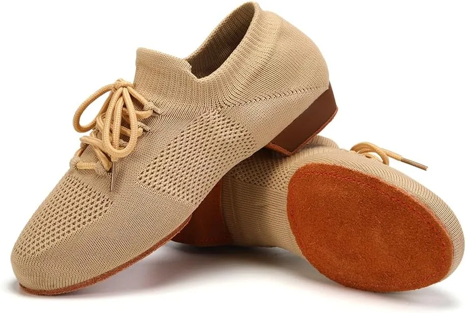 JUODVMP Women's Knits Dance Shoes Classical Lace-up Jazz Ballet Flats Casual Walking Sneakers