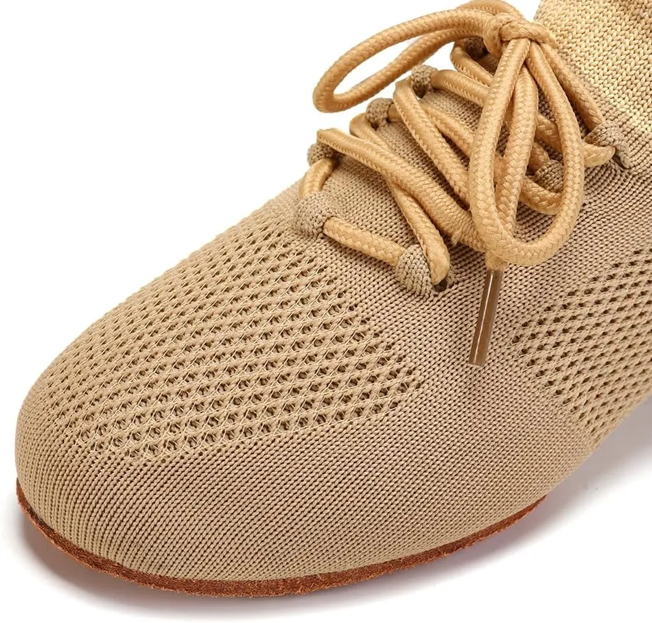 JUODVMP Women's Knits Dance Shoes Classical Lace-up Jazz Ballet Flats Casual Walking Sneakers