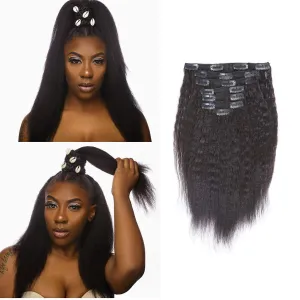 Lacerhair Kinky Straight Clip in Hair Extensions Human Hair Double Wefts Thick Real Remy Natural Hair For African American 7Pcs/lot 120Gram 10 inch, Natural Black #1B
