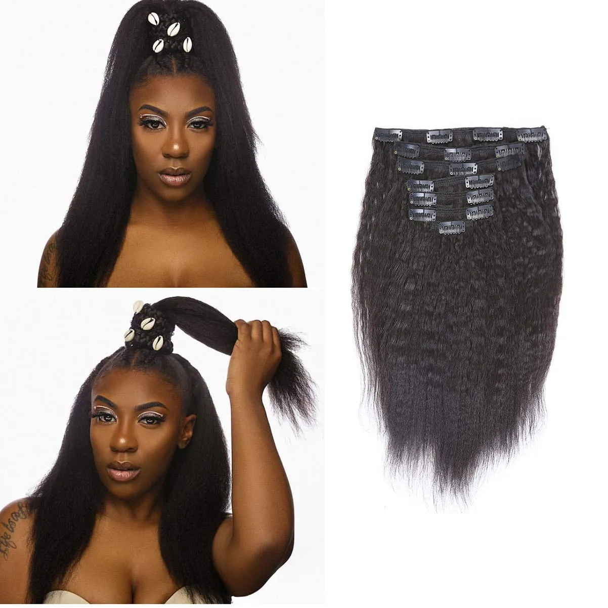 Lacerhair Kinky Straight Clip in Hair Extensions Human Hair Double Wefts Thick Real Remy Natural Hair For African American 7Pcs/lot 120Gram 10 inch, Natural Black #1B