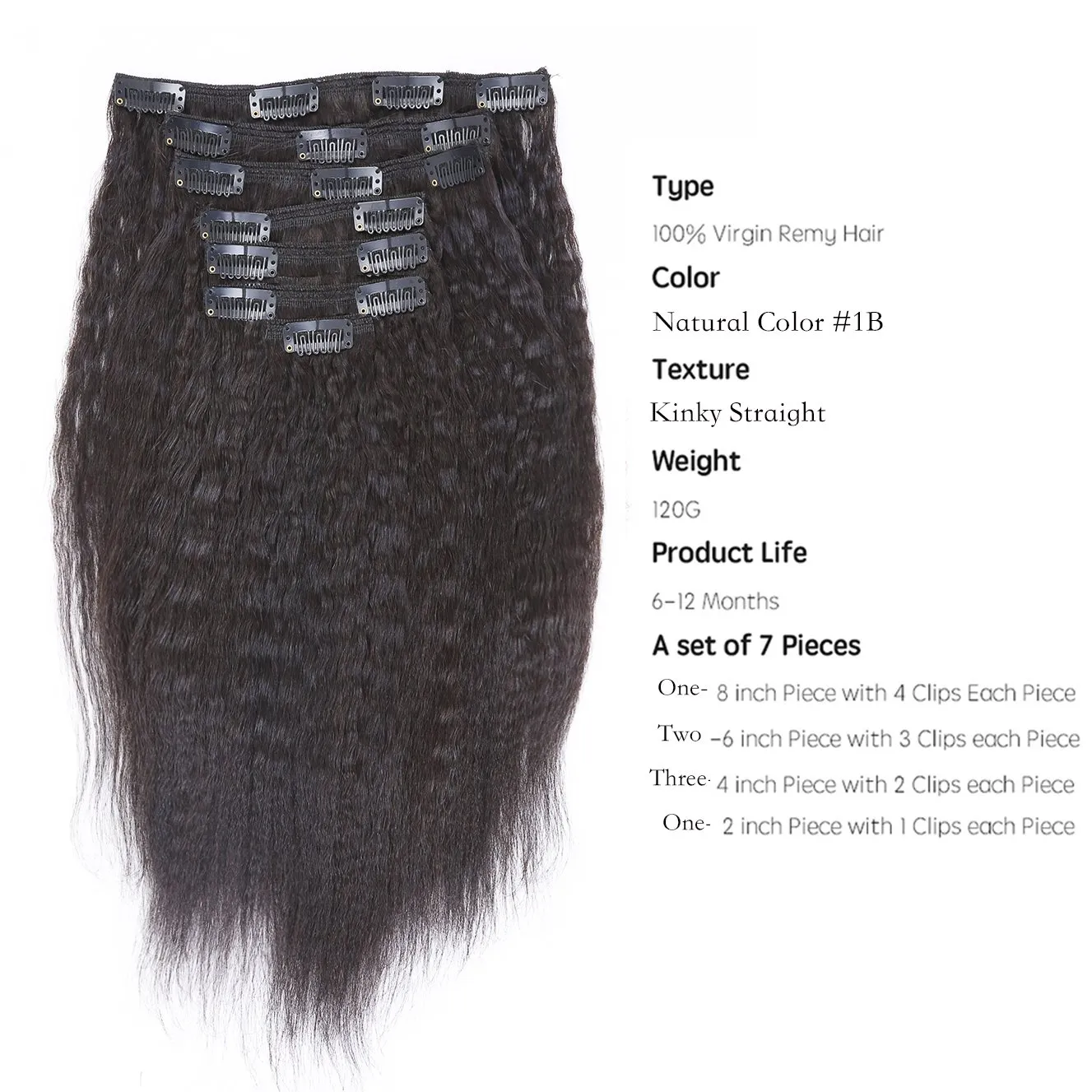 Lacerhair Kinky Straight Clip in Hair Extensions Human Hair Double Wefts Thick Real Remy Natural Hair For African American 7Pcs/lot 120Gram 10 inch, Natural Black #1B