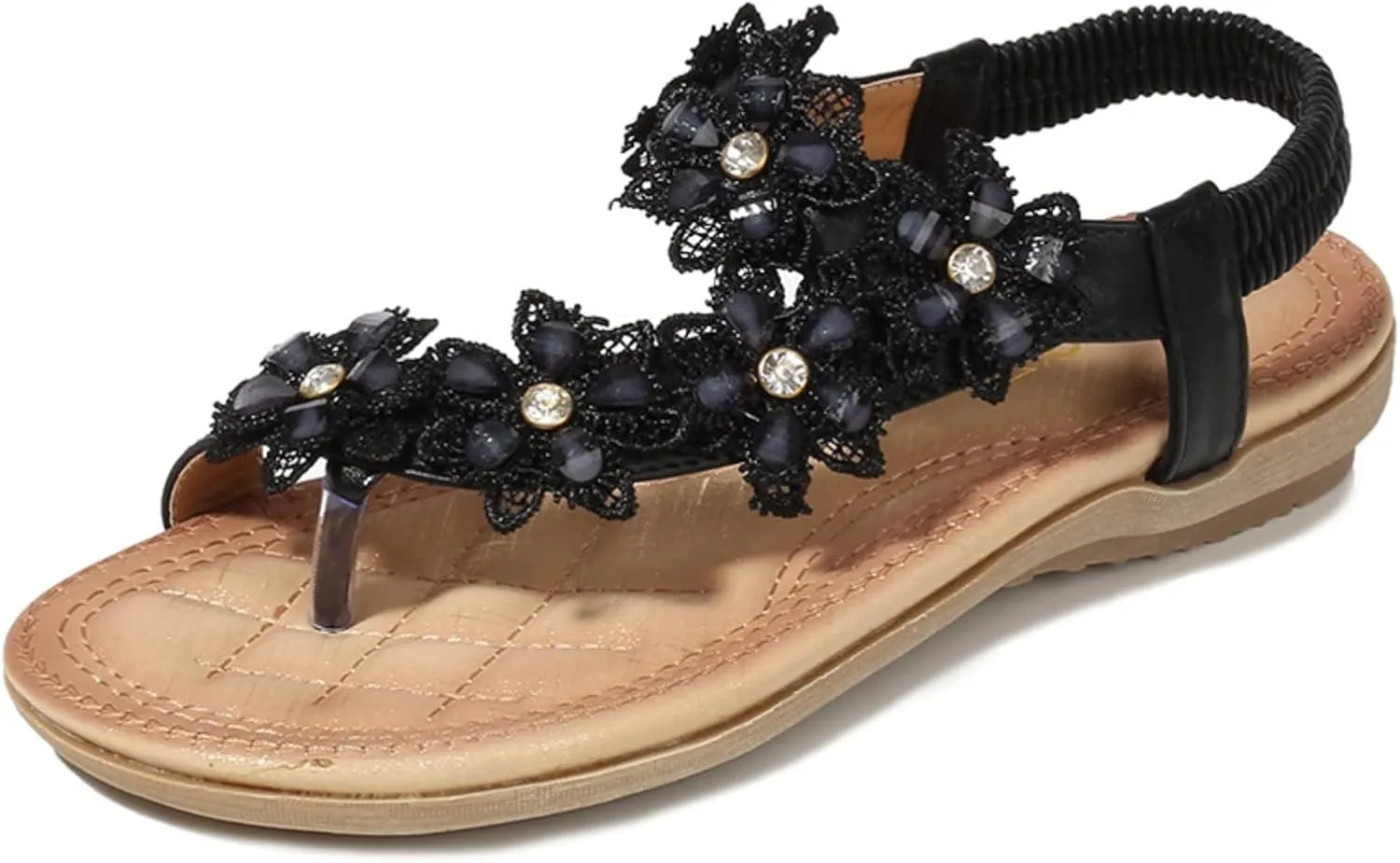 Ladies Flower Accessory Round Toe Thong Flat Beach Sandals,Summer Bohemian Elastic Ankle Strap Comfortable Flower Sandals.