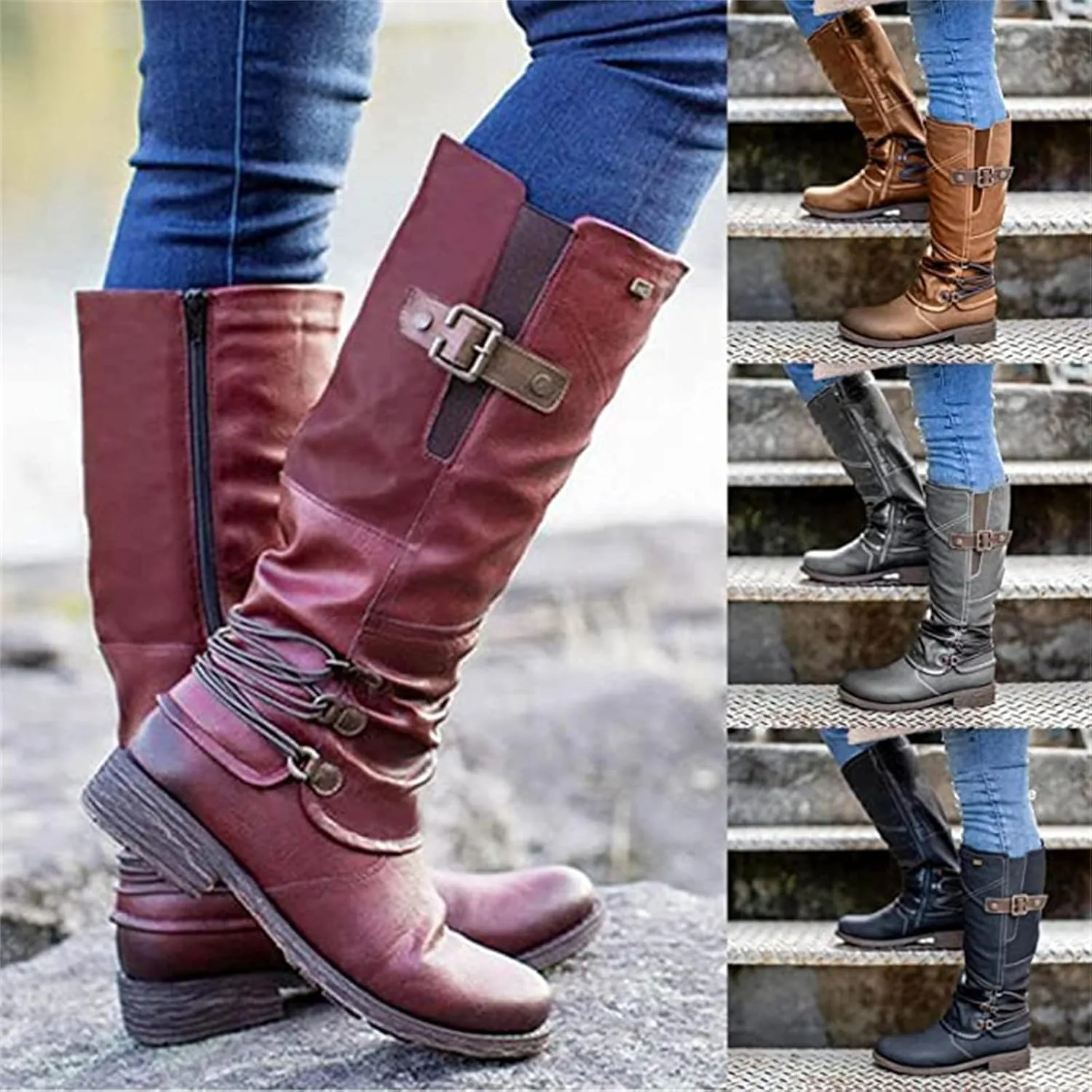 Lausiuoe Knee High Boots Women Wide Calf Flat Heel Comfortable Pull On Side Zipper Mid Calf Riding Biker Motorcycle Boots