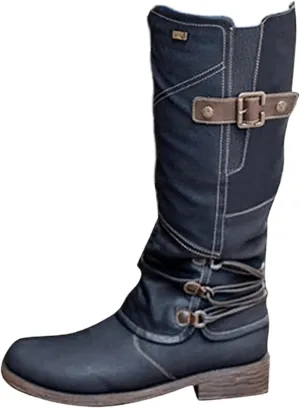 Lausiuoe Knee High Boots Women Wide Calf Flat Heel Comfortable Pull On Side Zipper Mid Calf Riding Biker Motorcycle Boots