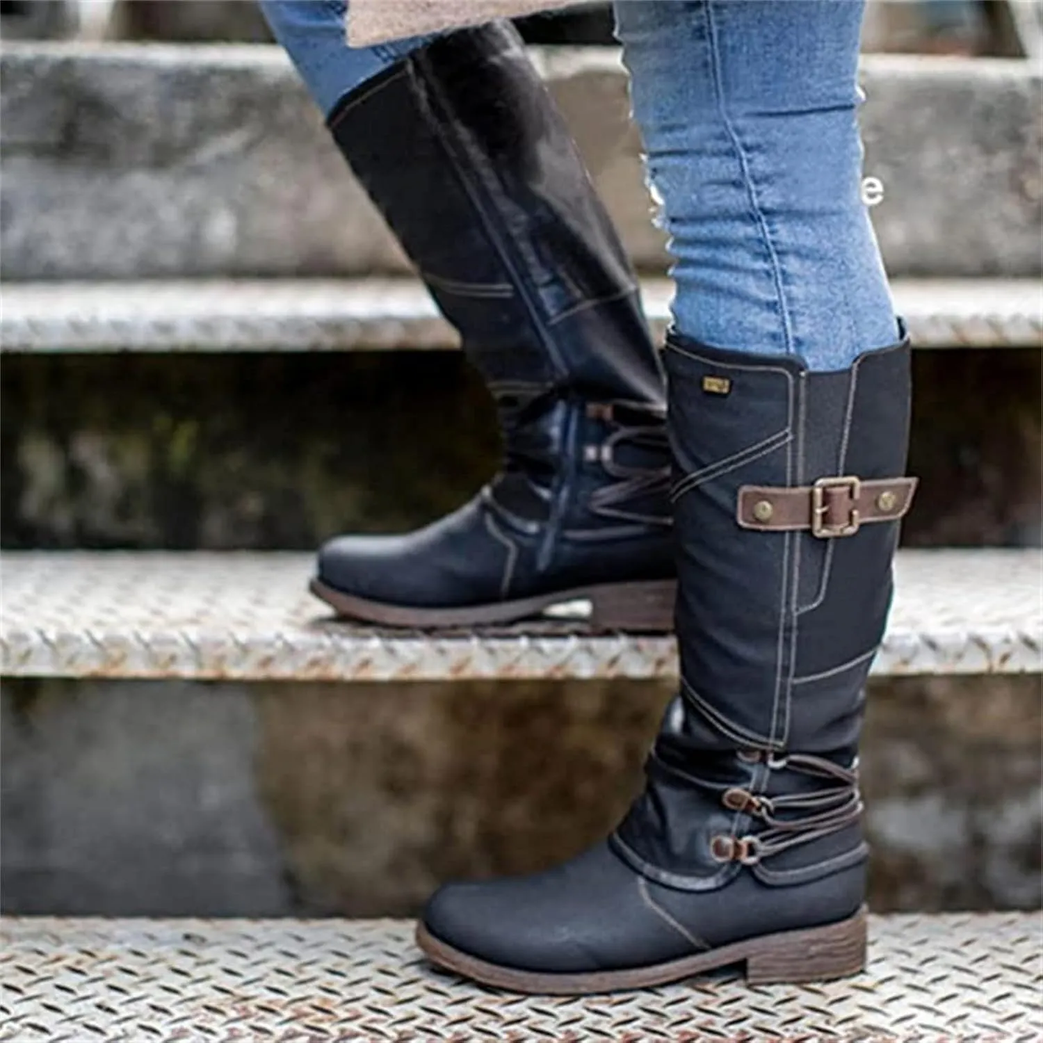 Lausiuoe Knee High Boots Women Wide Calf Flat Heel Comfortable Pull On Side Zipper Mid Calf Riding Biker Motorcycle Boots