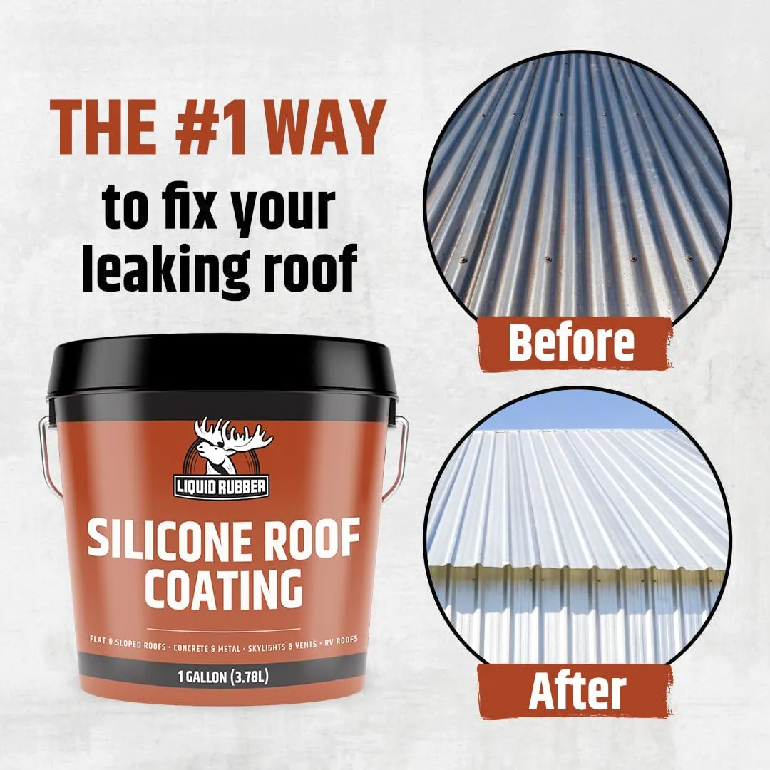 Liquid Rubber Silicone Roof Coating - UV-Reflective, No Primer Needed, One-Coat Sealant for Flat, Sloped, Metal, Wood, Concrete, EPDM, and TPO Roofs, White, 1 Gallon