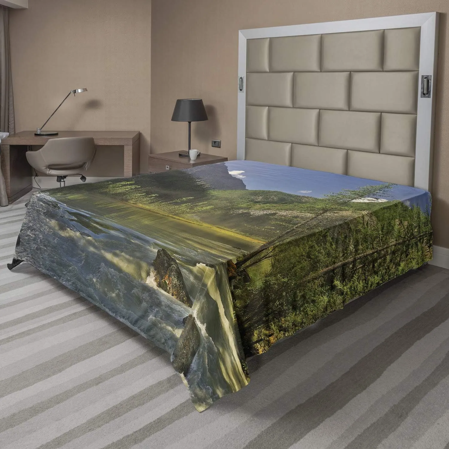 Lunarable Landscape Flat Sheet, Mountain Lake West Siberia Altai Mountains Katun Ridge Alpine Forest Morning View, Soft and Comfortable Top Sheet Decorative Bedding 1 Piece, Full Size, Green Blue