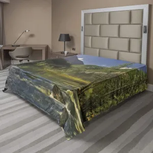 Lunarable Landscape Flat Sheet, Mountain Lake West Siberia Altai Mountains Katun Ridge Alpine Forest Morning View, Soft and Comfortable Top Sheet Decorative Bedding 1 Piece, Full Size, Green Blue