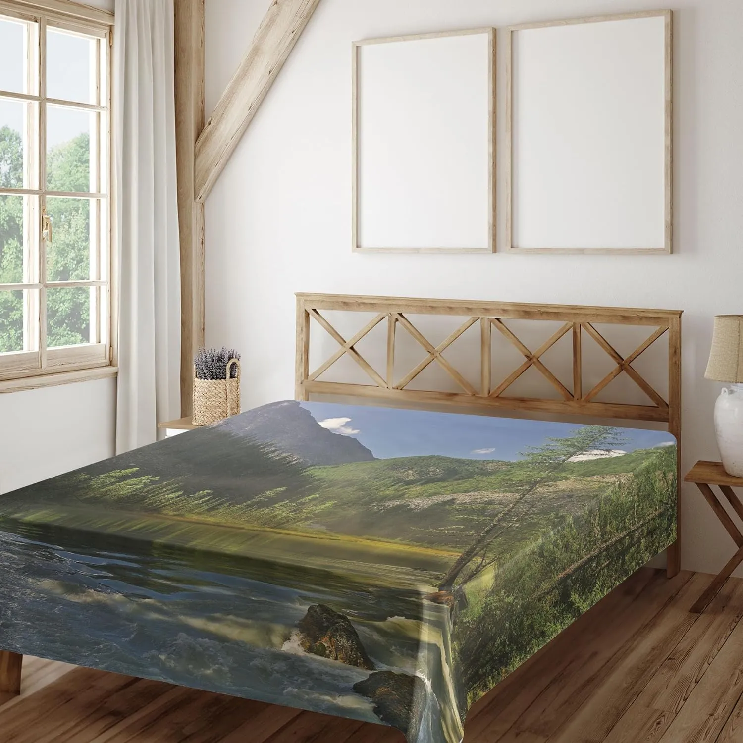 Lunarable Landscape Flat Sheet, Mountain Lake West Siberia Altai Mountains Katun Ridge Alpine Forest Morning View, Soft and Comfortable Top Sheet Decorative Bedding 1 Piece, Full Size, Green Blue
