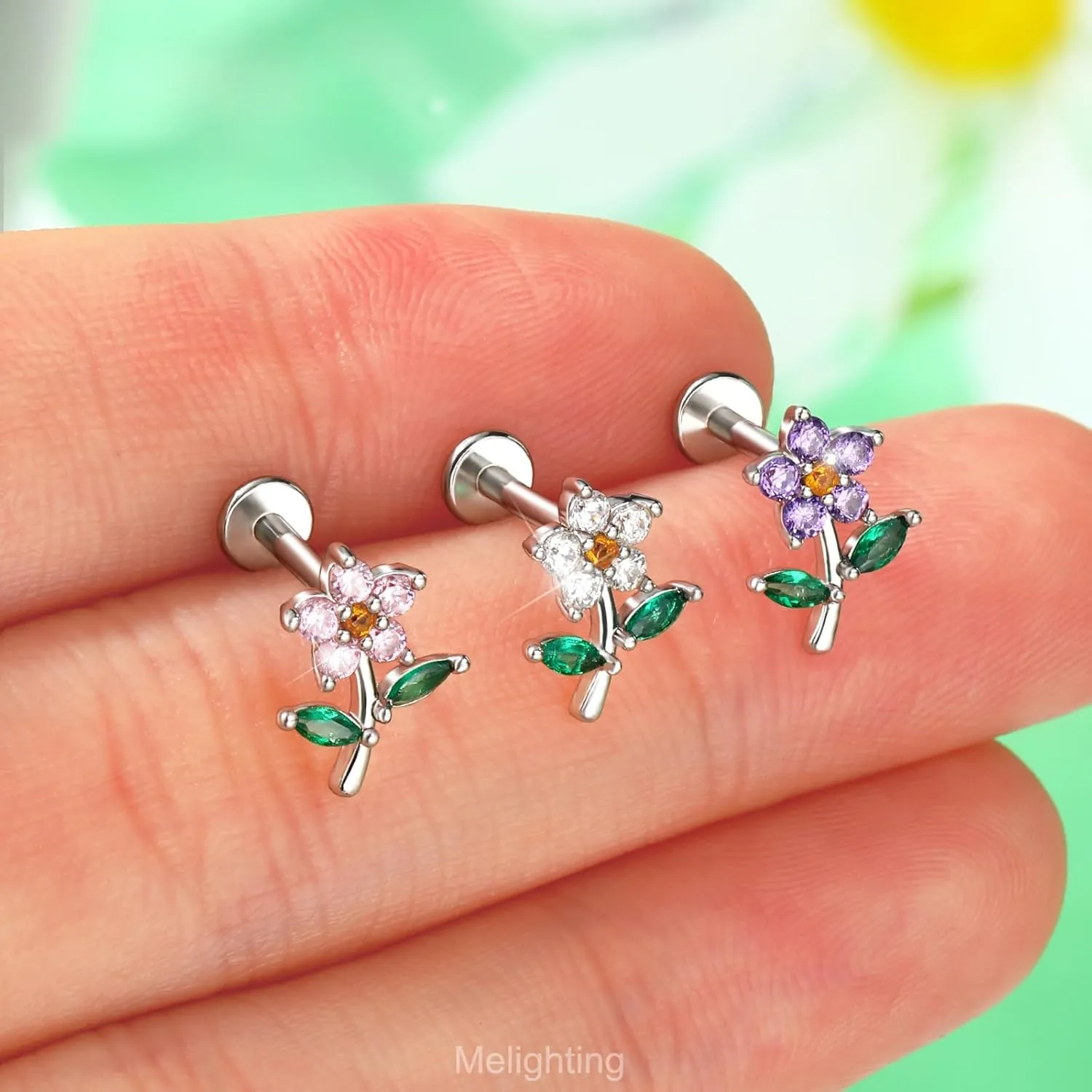 MeIighting Flower Helix Earring 16G Internally Threaded Cartilage Earring Stainless Steel 316L CZ 8 mm Flat Back Earring Tragus Stud Conch Earring for Women