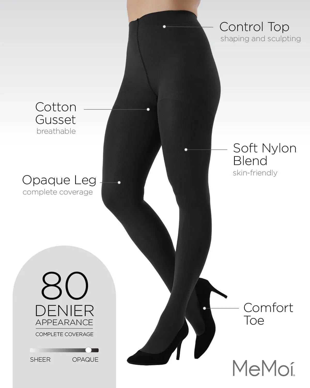 MeMoi Completely Opaque Control Top Tights for Women, Comfortable Control Top Tights, 80 Denier - Sizes Small to Q2