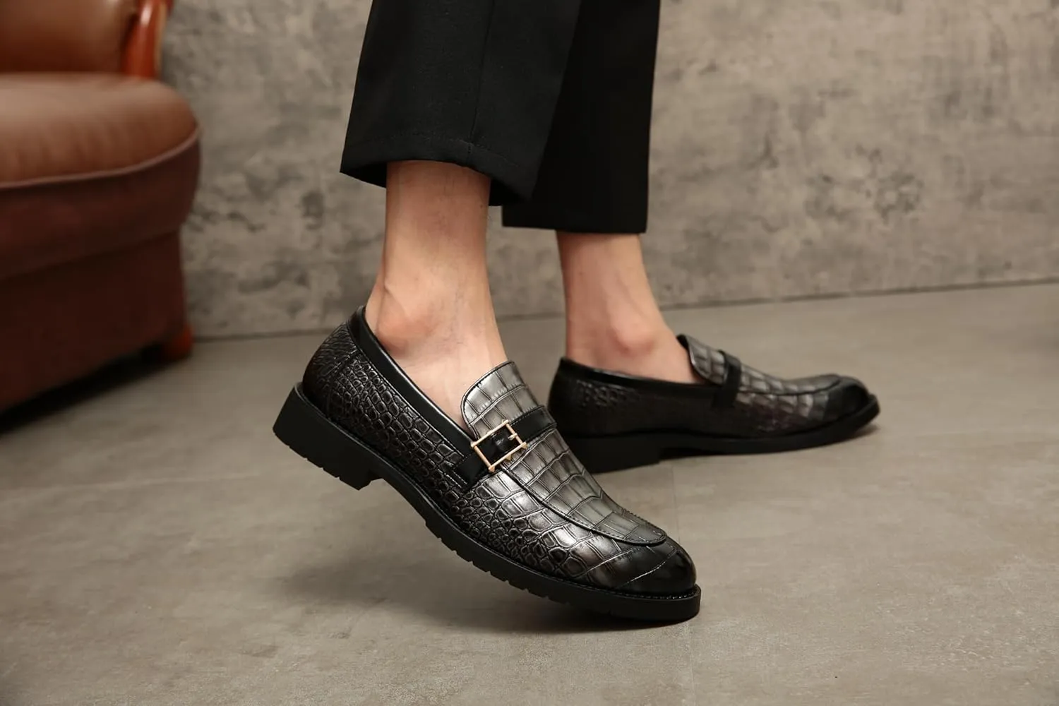 Men's Crocodile Print Pointed Toe Slip On Bit Loafer Shoes - Stylish Formal Dress Shoes for Wedding Party