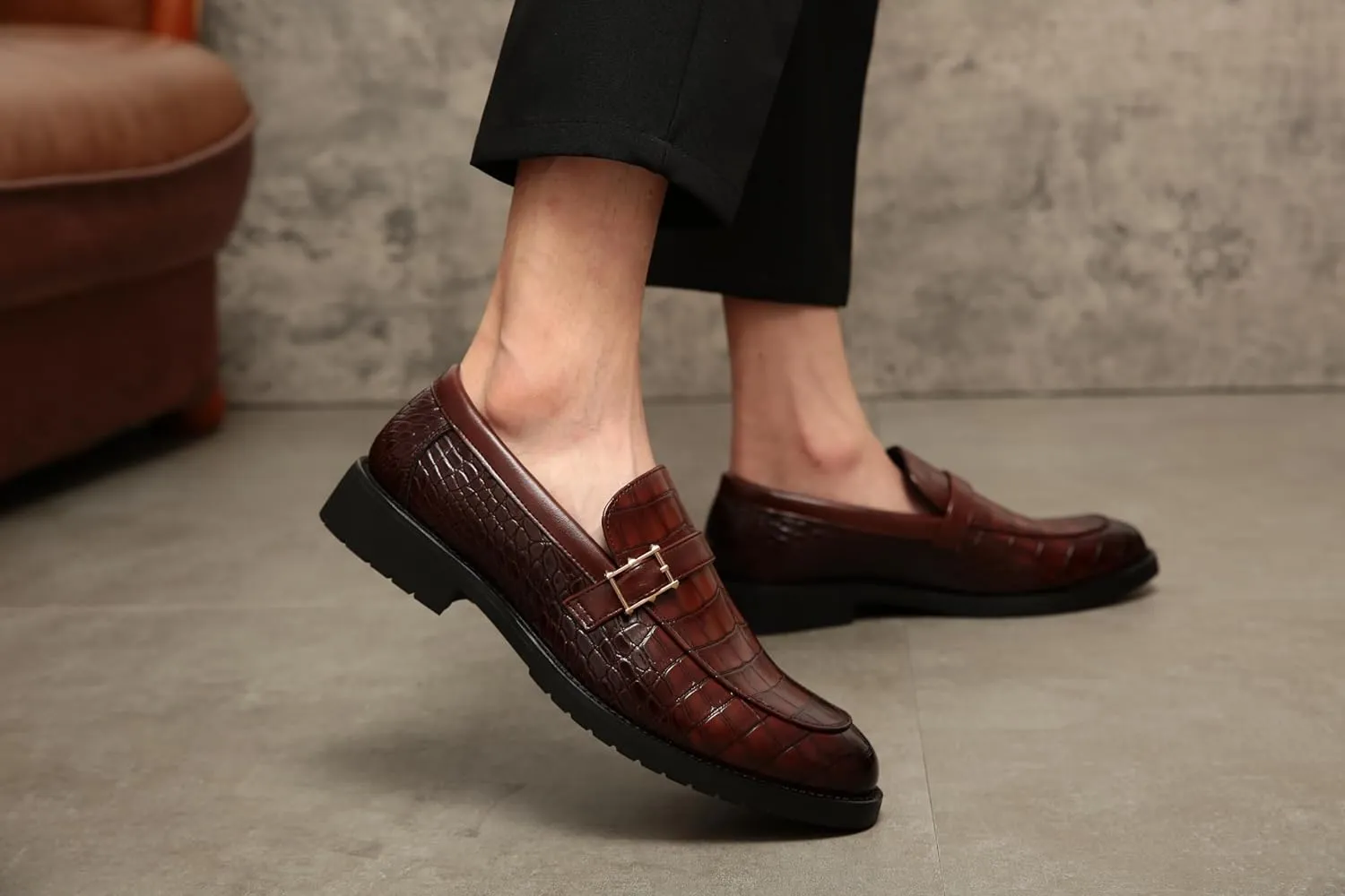 Men's Crocodile Print Pointed Toe Slip On Bit Loafer Shoes - Stylish Formal Dress Shoes for Wedding Party