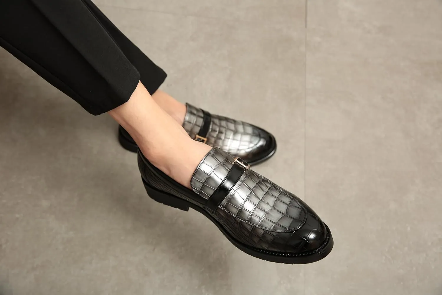 Men's Crocodile Print Pointed Toe Slip On Bit Loafer Shoes - Stylish Formal Dress Shoes for Wedding Party
