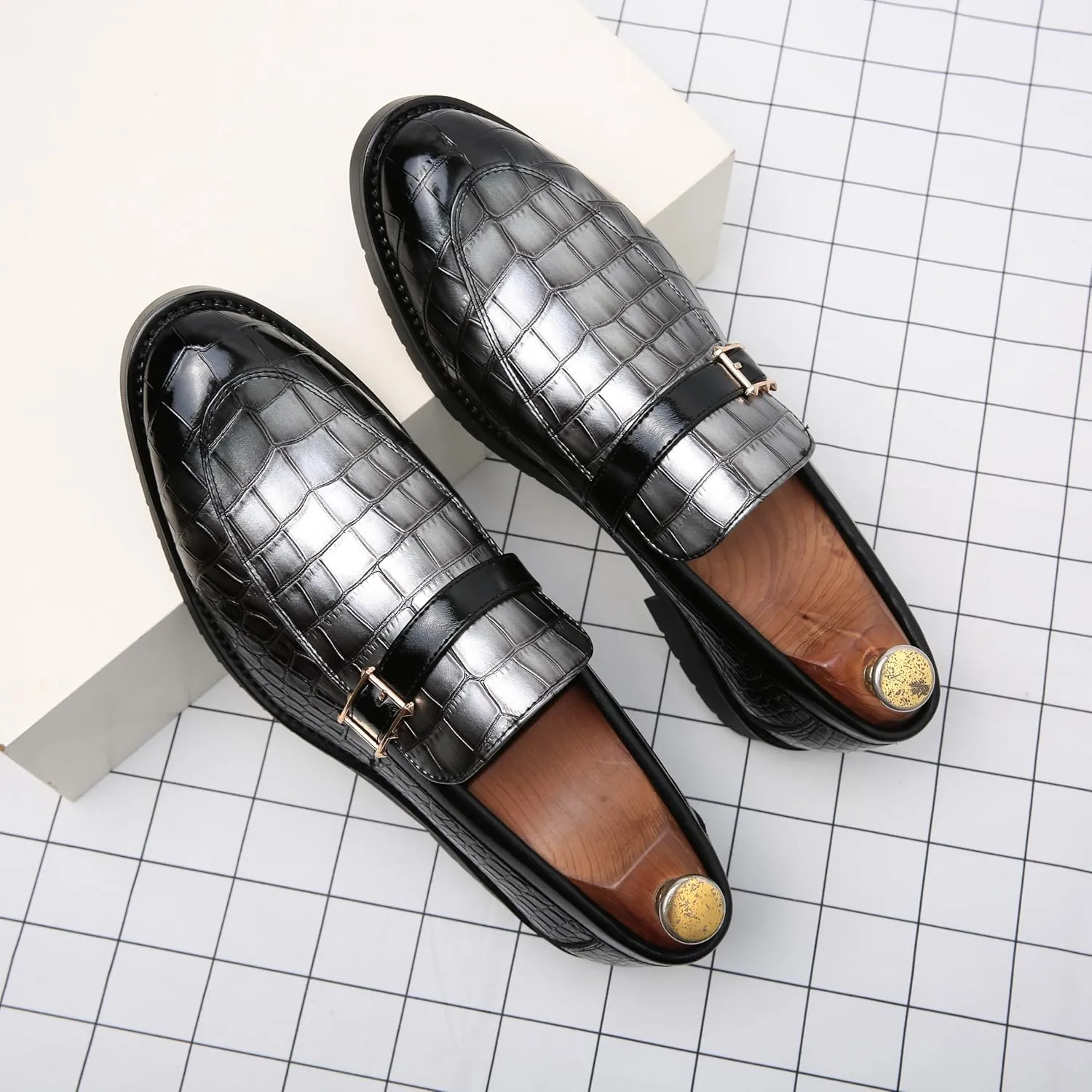 Men's Crocodile Print Pointed Toe Slip On Bit Loafer Shoes - Stylish Formal Dress Shoes for Wedding Party