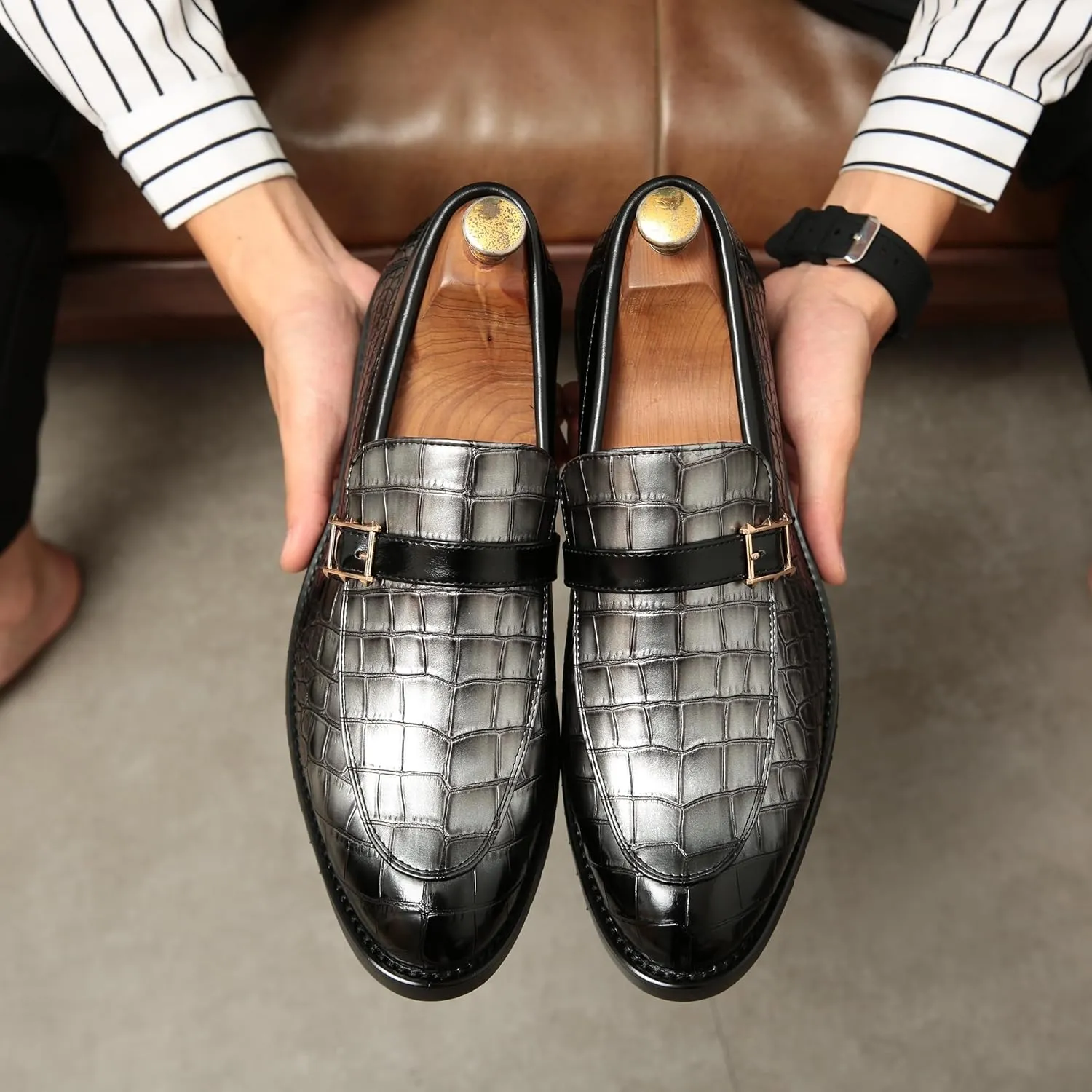 Men's Crocodile Print Pointed Toe Slip On Bit Loafer Shoes - Stylish Formal Dress Shoes for Wedding Party