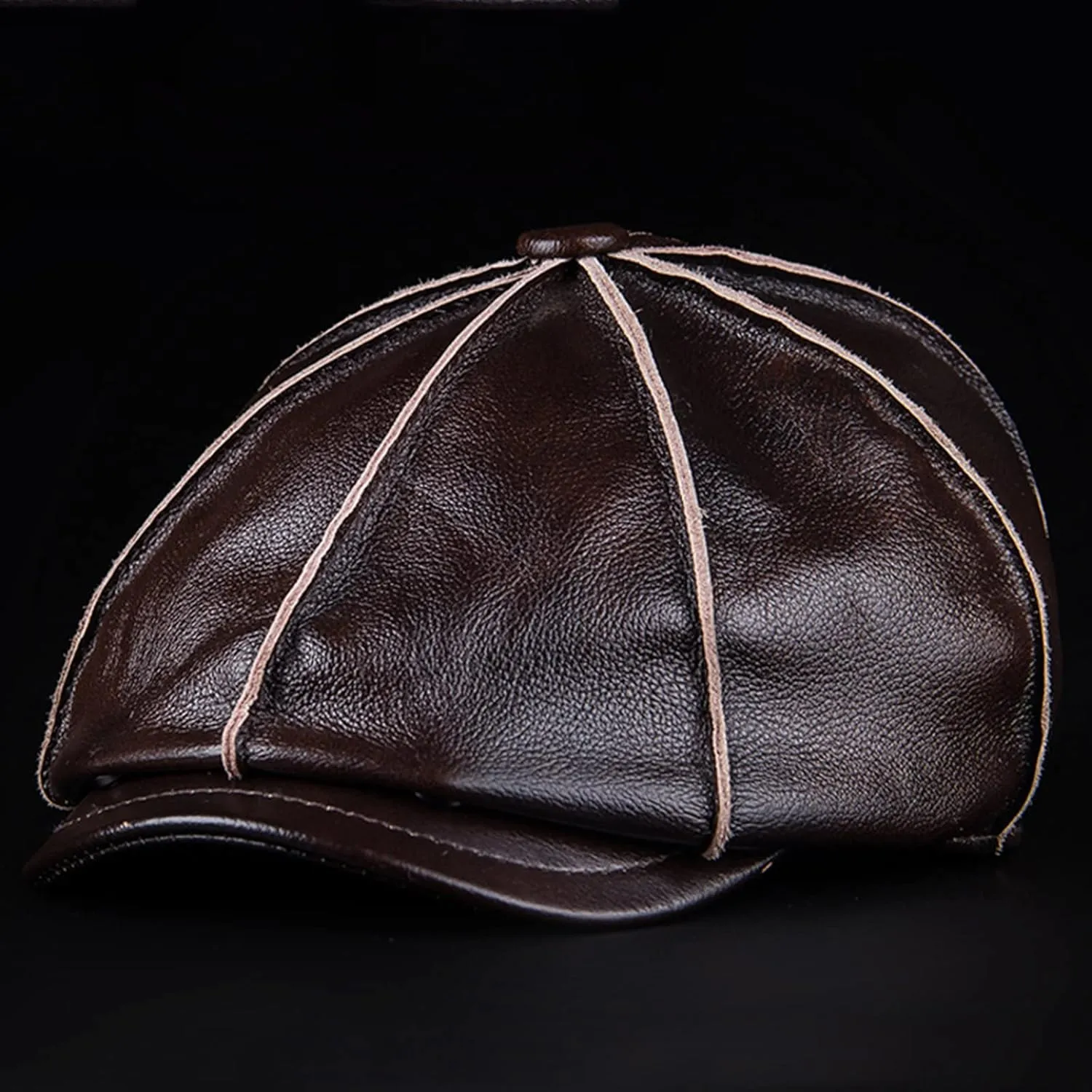 Men's Genuine Cowhide Leather Octagonal Cap Vintage Newsboy Hat Driving Flat Winter Male Artist Cap
