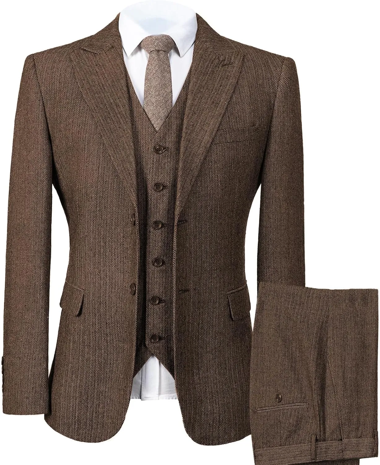 Mens Tweed Herringbone Wedding Suit Prom Tuxedos 3 Piece Peak Lapel Dress