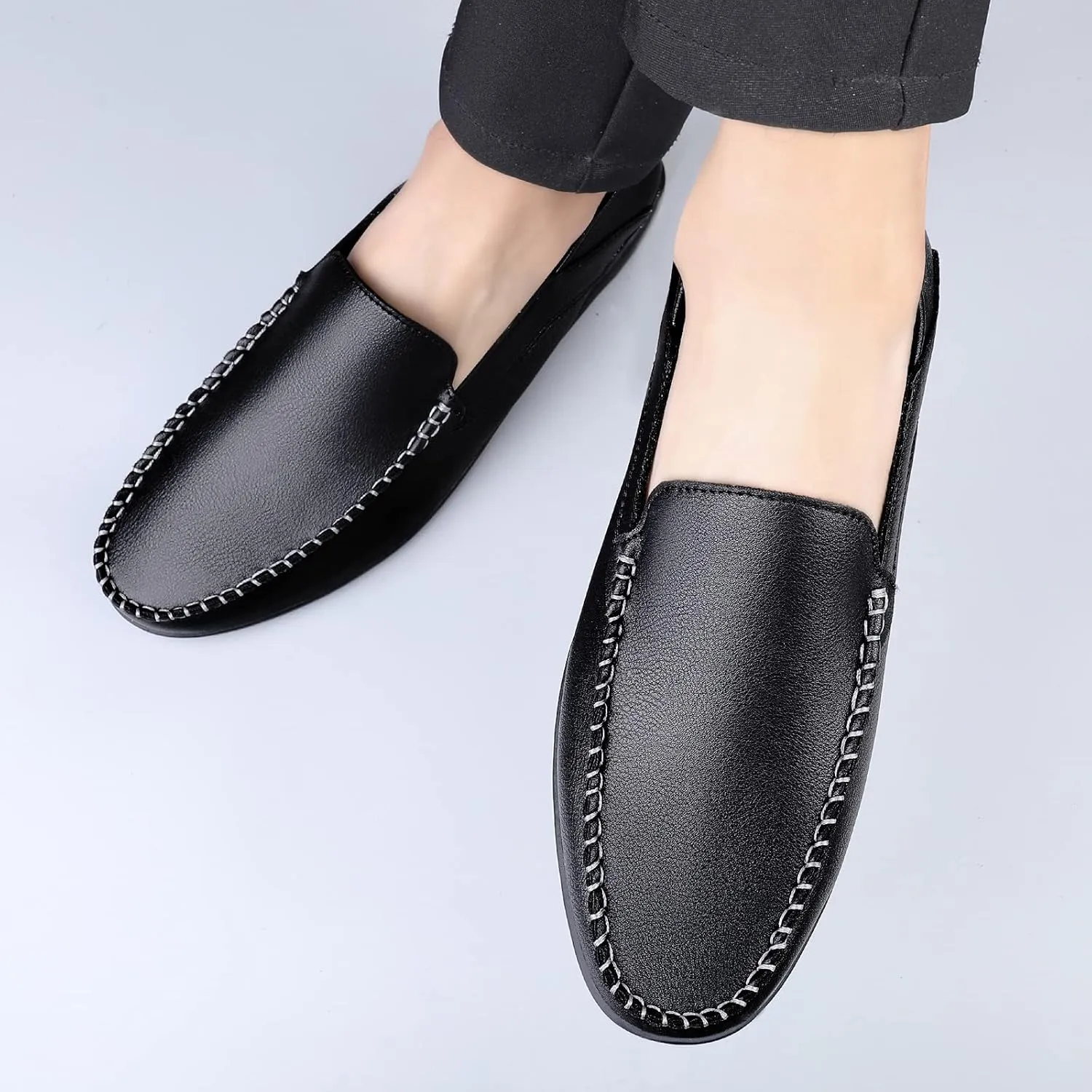 Men's Vintage Hand Stitched Leather Loafers Comfortable Slip On Soft Sole Moccasin Boat Shoes Stylish Casual Driving Walking Dress Flats for Business