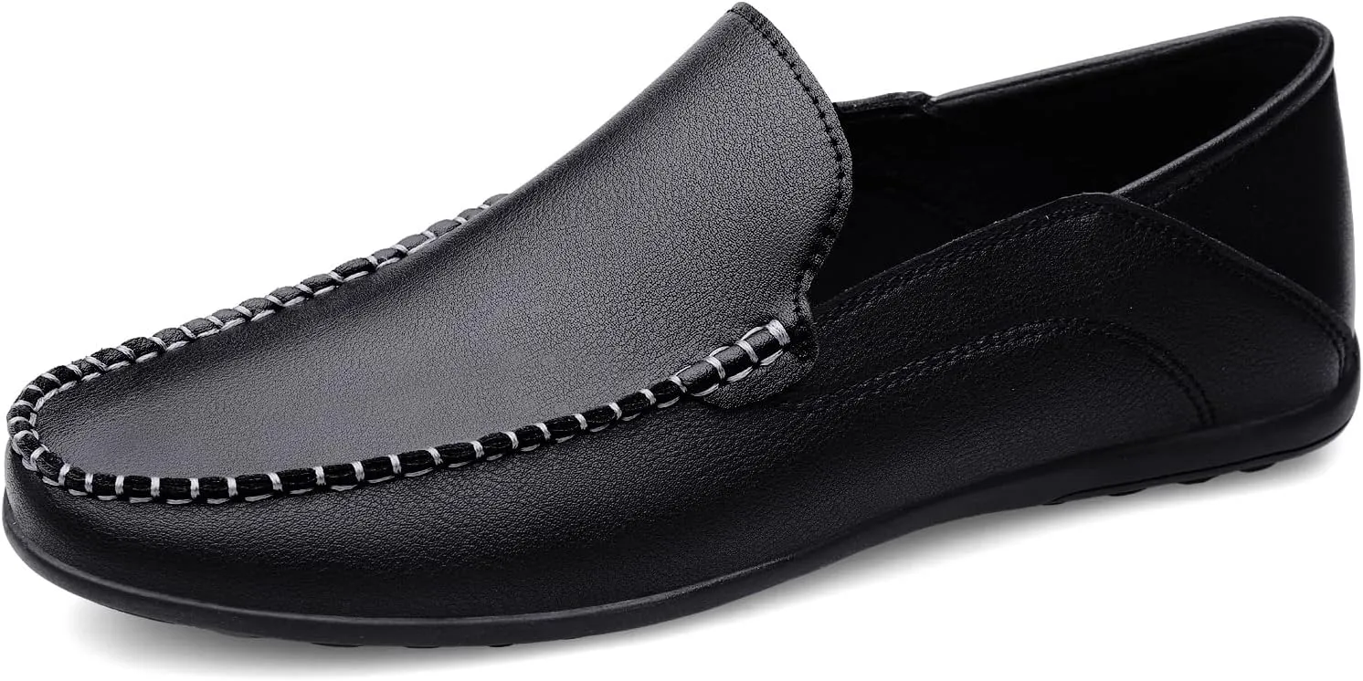 Men's Vintage Hand Stitched Leather Loafers Comfortable Slip On Soft Sole Moccasin Boat Shoes Stylish Casual Driving Walking Dress Flats for Business